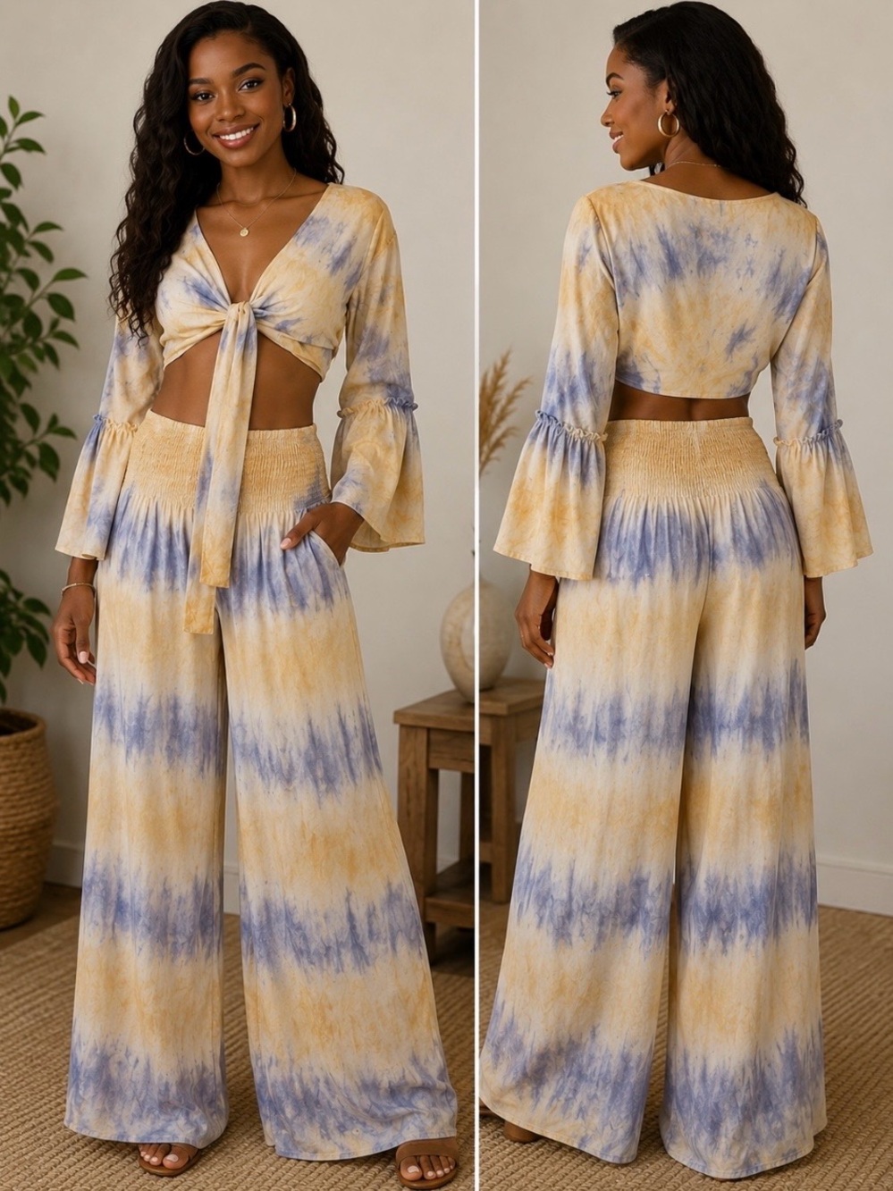 #765 Tie-Front Crop Top with Wide Leg Pants in Blue and Cream